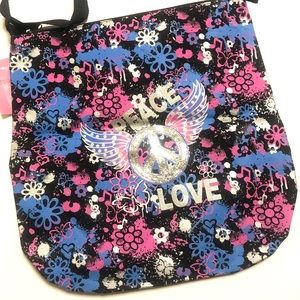 Imaginations Adjustable Strap Peace Love and Flowers Canvas Crossbody Bag